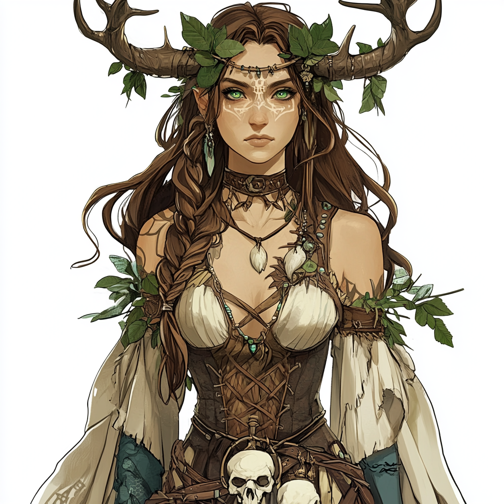 Shaman Pathfinder Woman with Leaf Dress and Skull Crown