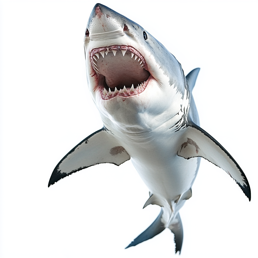 Shark with open mouth and tail in focus.