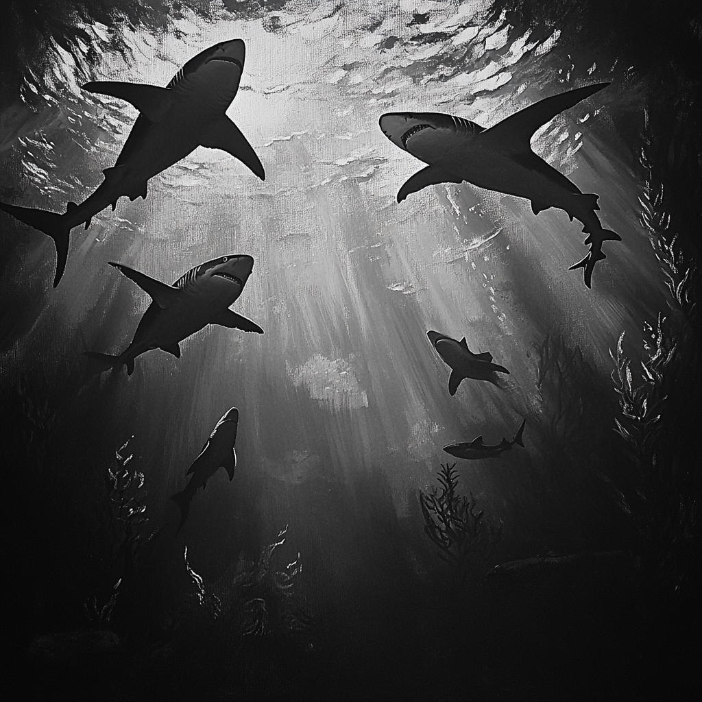 Sharks swimming with rays and coral underwater view