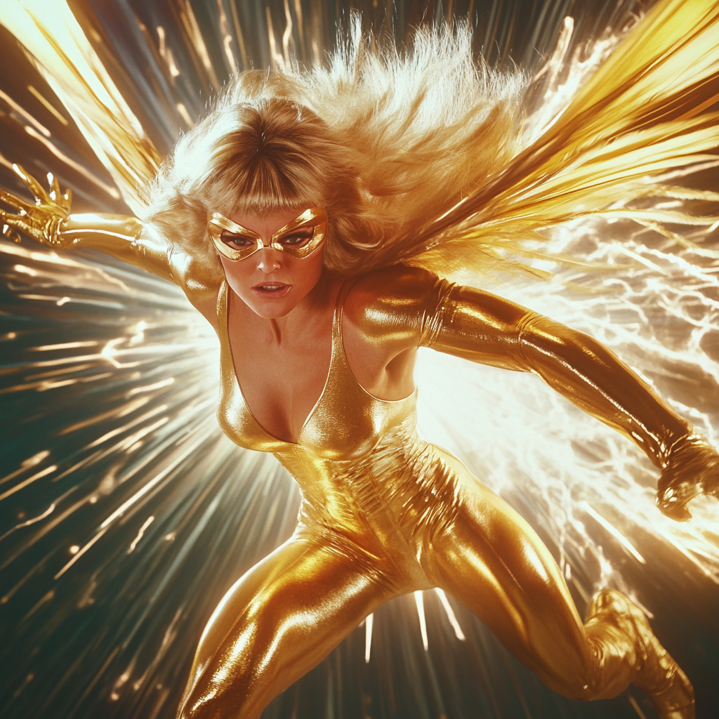 Sharon Stone, 1970s superhero with golden hair, flying.