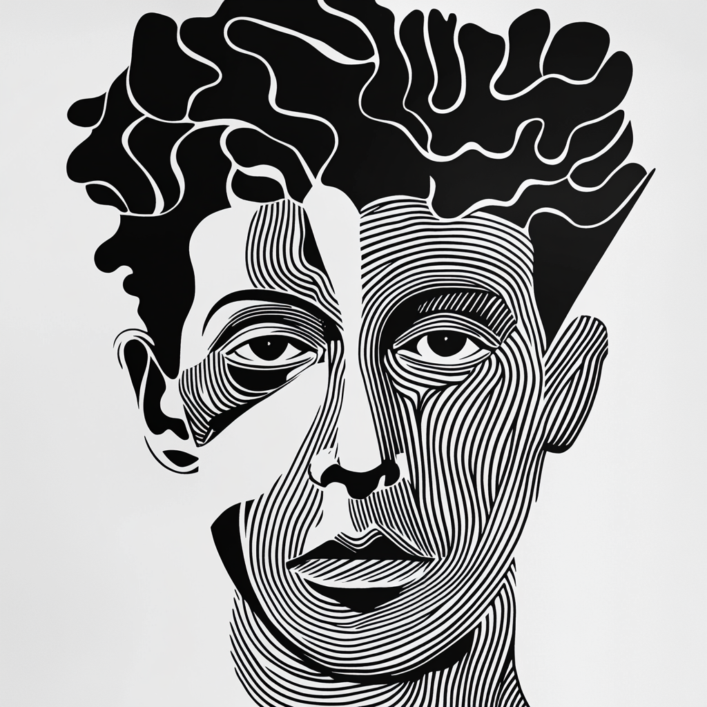 Sharp, angular portrait of Sam Altman in black and white.