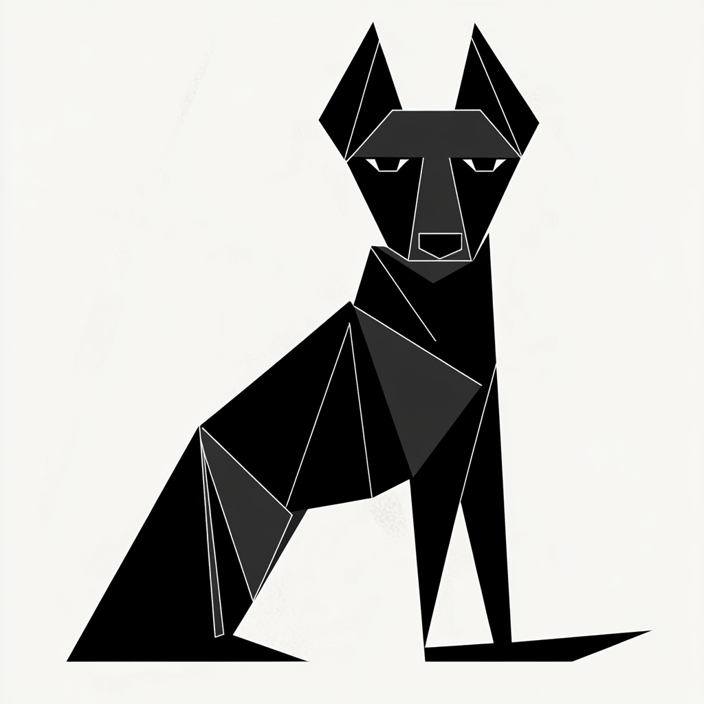 Sharp, geometric dog with angular features in black and white.