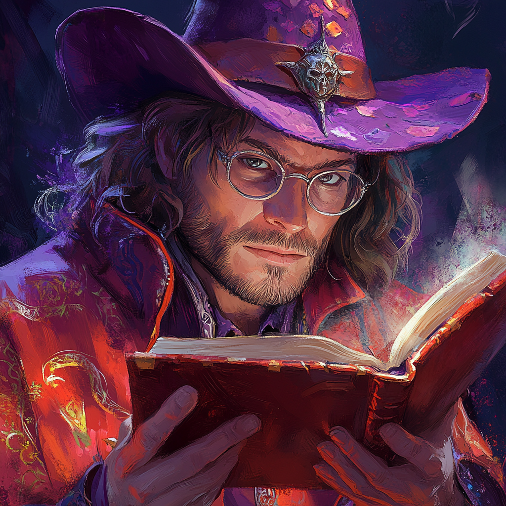 Sharp-eyed wizard Varric contemplates magic tome