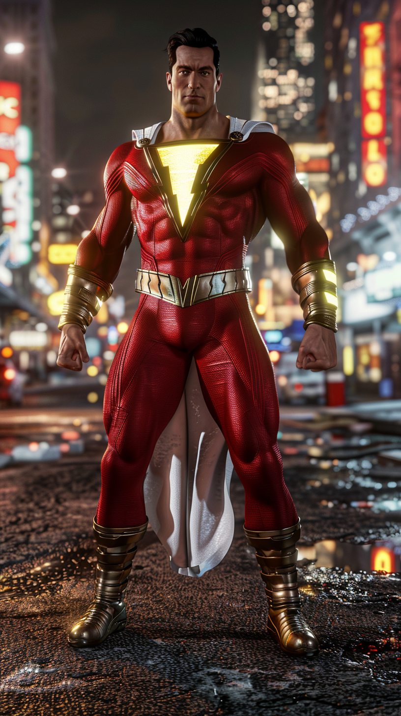 Shazam in red suit, city backdrop, golden bolt illuminated.