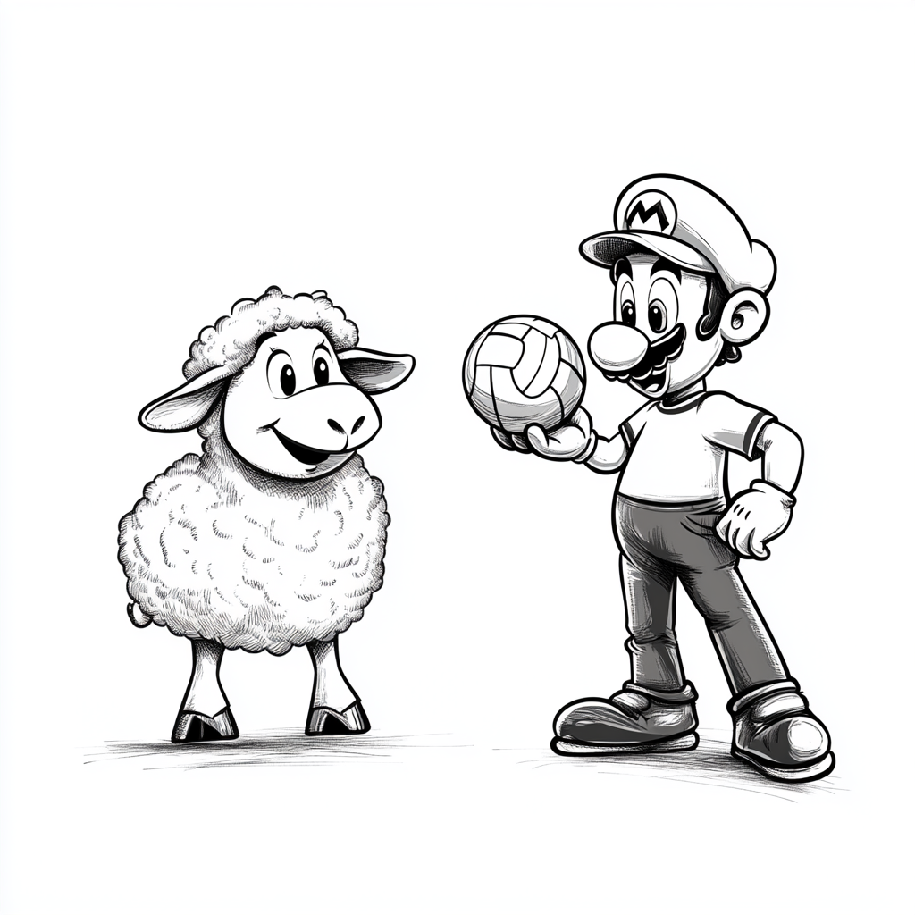 Sheep and Mario playing volleyball in black and white.