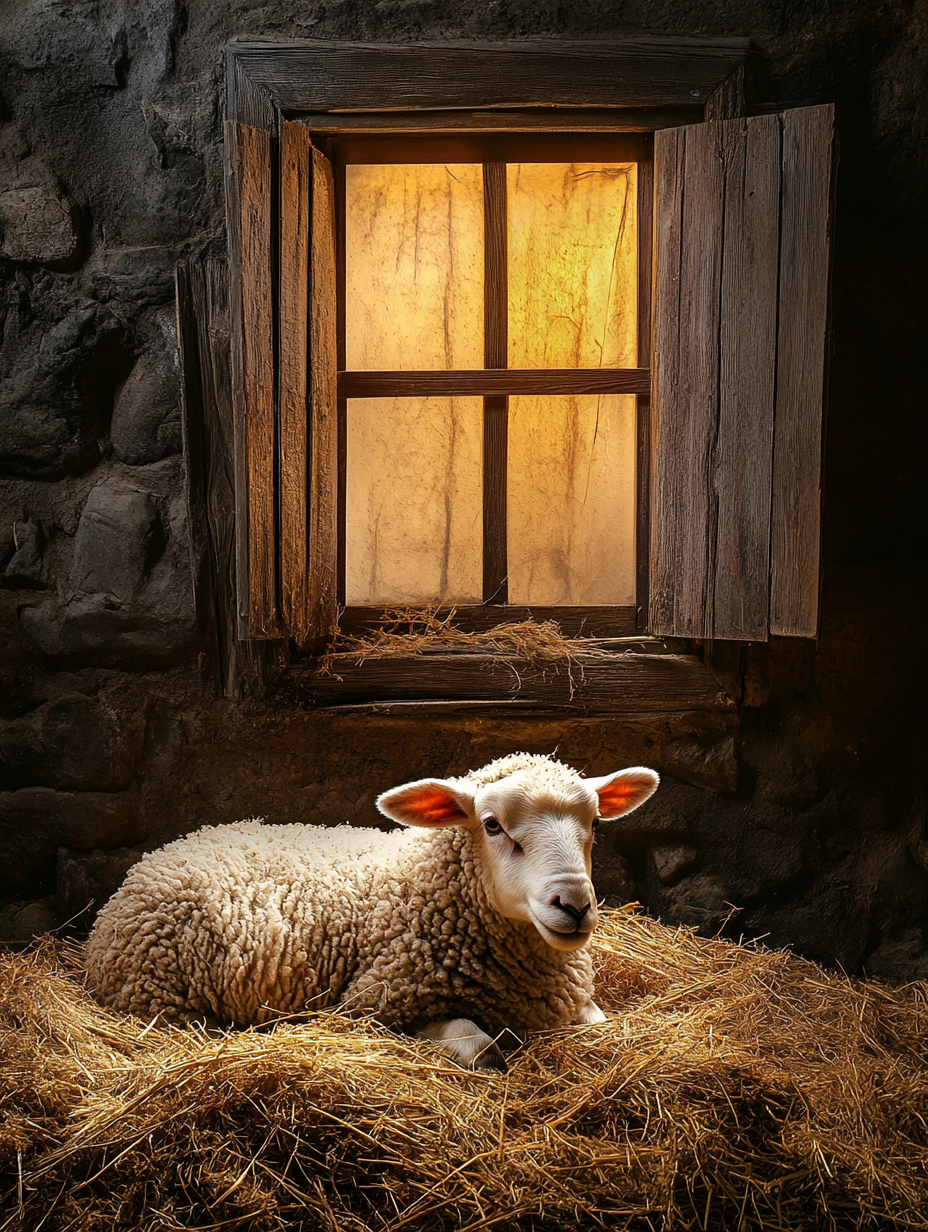 Sheep eating straw in stable with rustic window