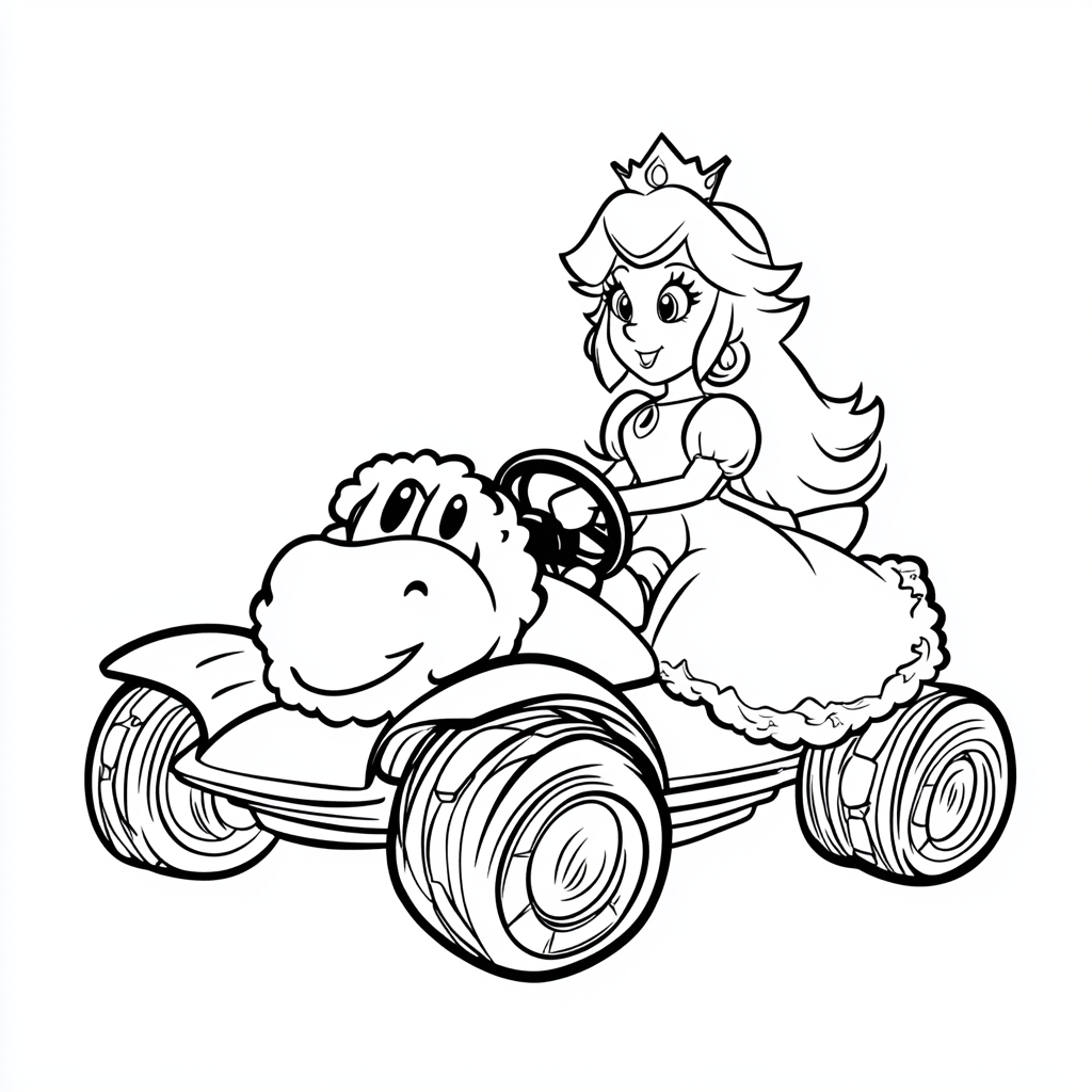 Sheep in cartoon style driving Mario Kart with Princess Peach