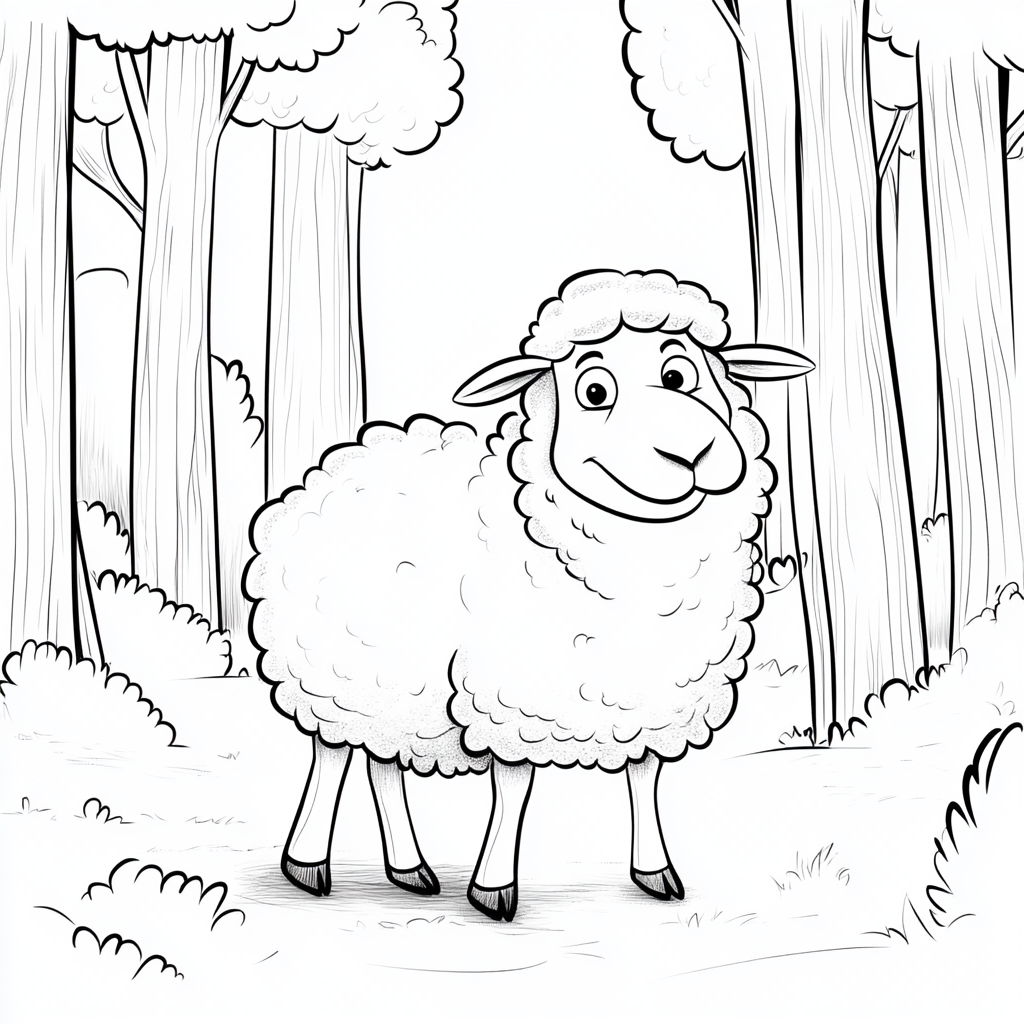 Sheep in forest, smiling, white background, black and white.