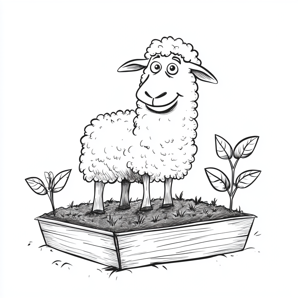 Sheep planting basil in garden bed, smiling at camera.