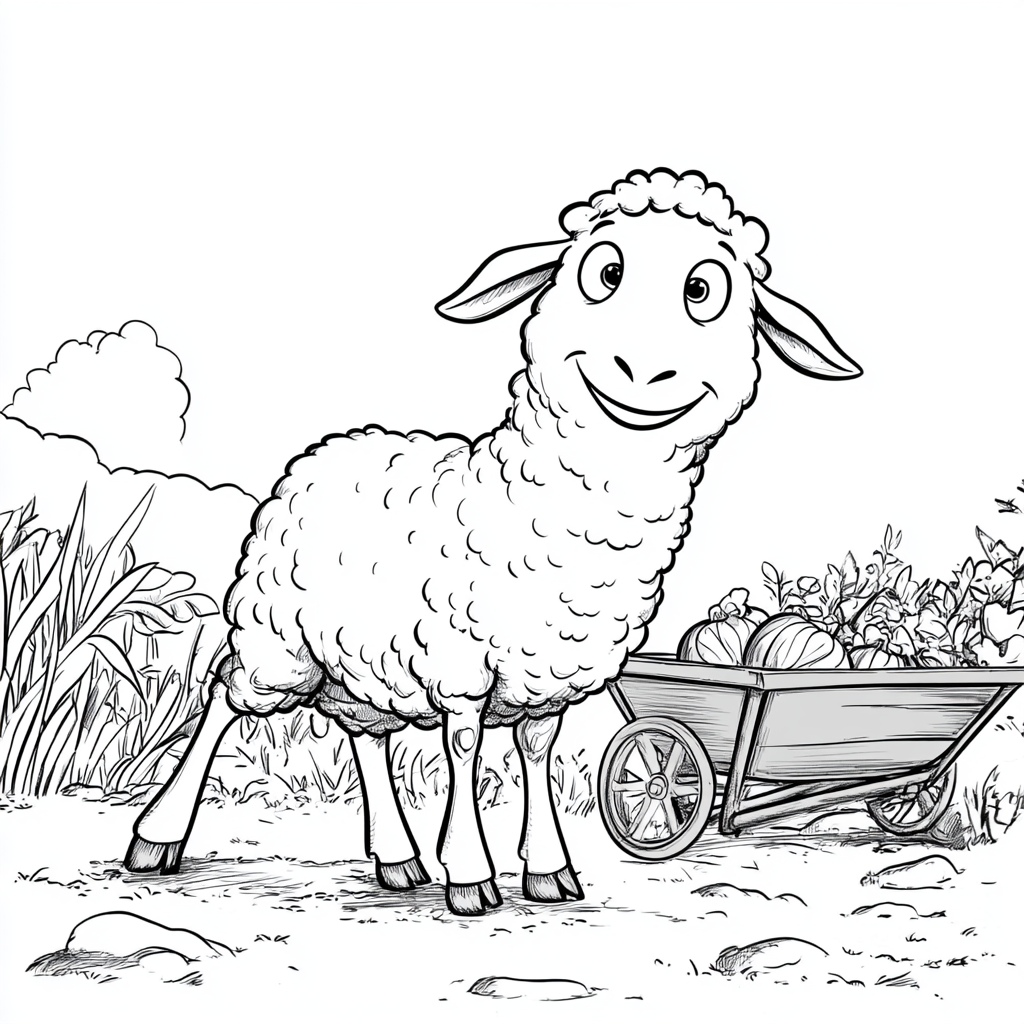 Sheep standing in a garden next to wheelbarrow.