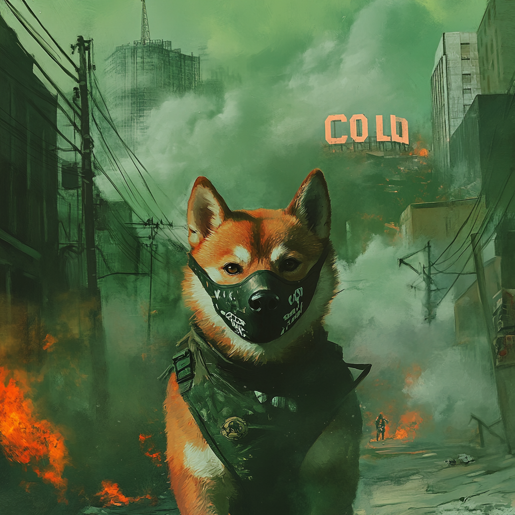 Shiba Inu in mask walks Hollywood in smoke.