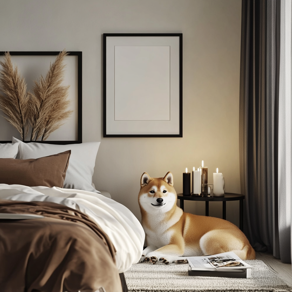 Shiba inu dog on bed in modern bedroom.