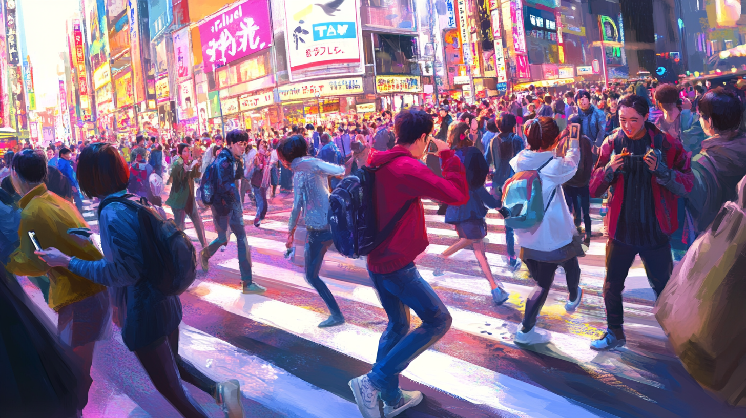 Shibuya Crossing: Busy Disney-Pixar Style Illustration