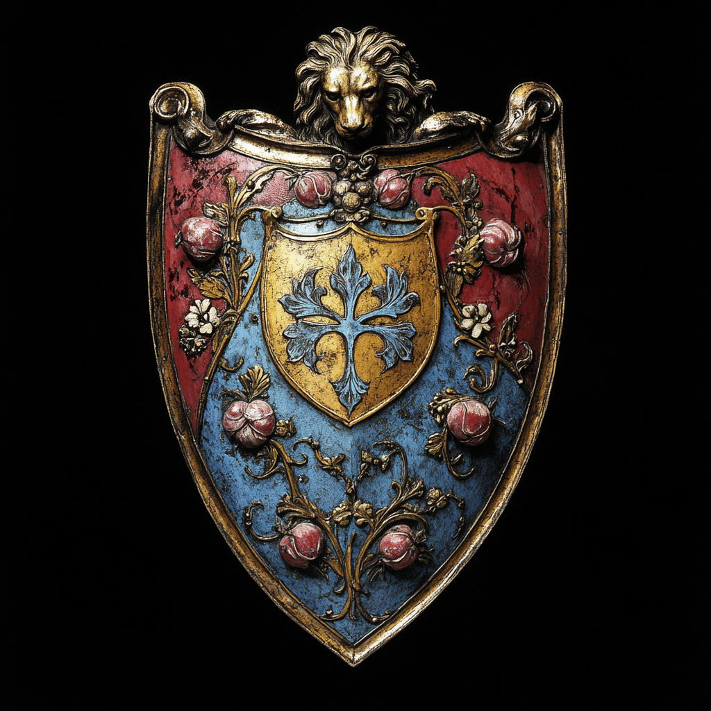 Shield with blue, silver flower, red, gold wheat, orange lion.