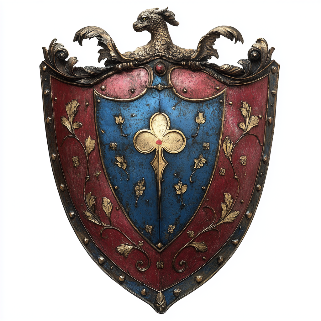 Shield with divided field: blue, white flower, red, lion.