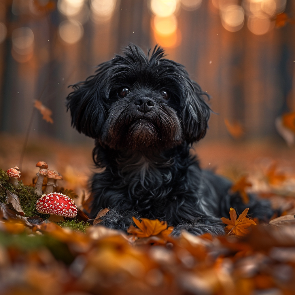 Shih Tzu dog lying on mossy leaves in forest.