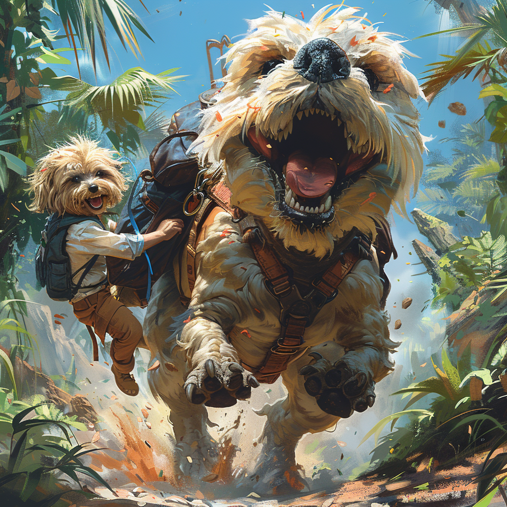 Shih Tzu dog rides Tyrannosaurus rex in jungle adventure.