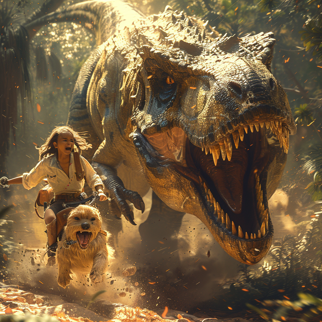 Shih Tzu rides T. rex in forest adventure scene.