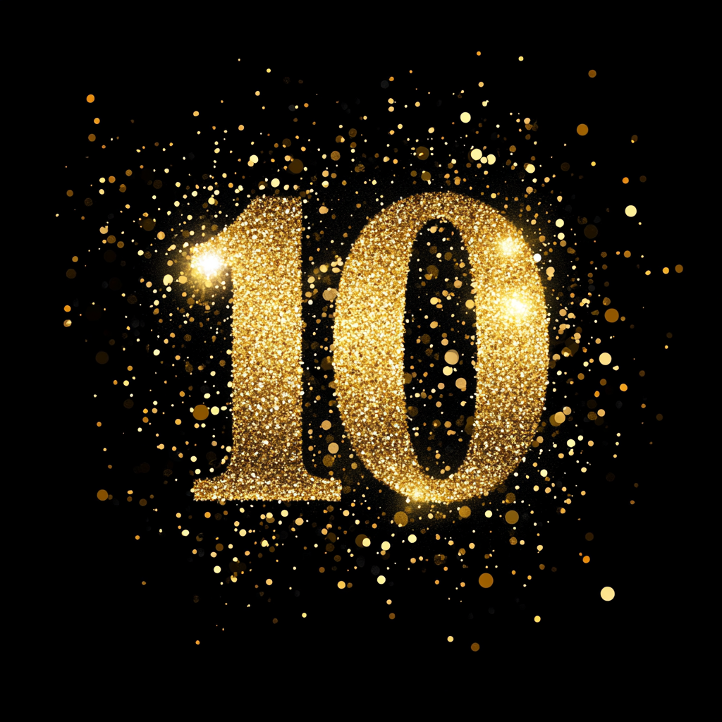 Shimmering black-gold background with subtle number 10 blend.