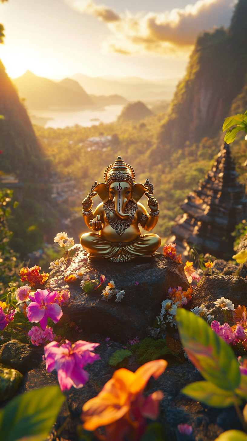 Shining Ganesh idol in lush valley with Hindu temple