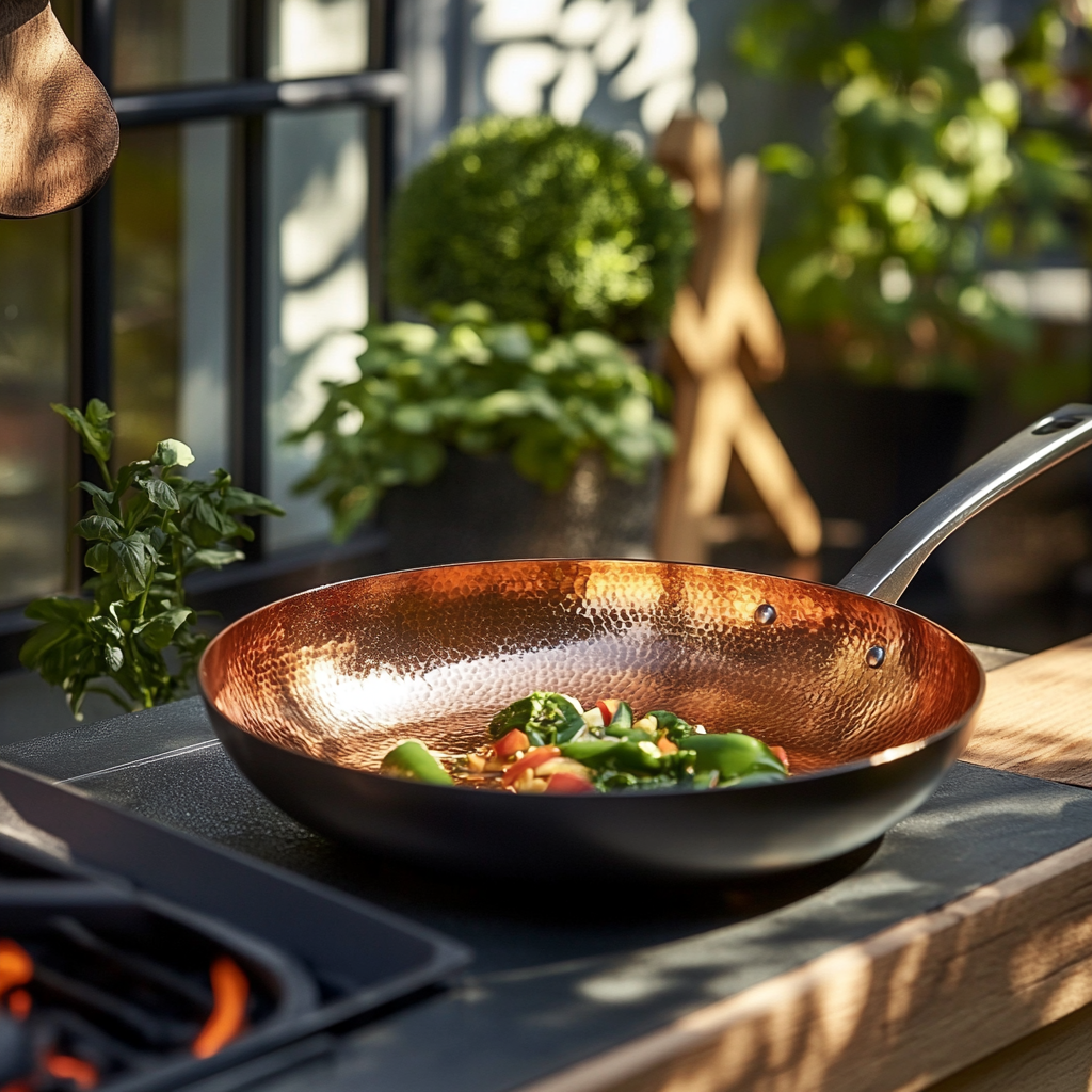 Shiny Copper Pan Cooking Steak on Grill