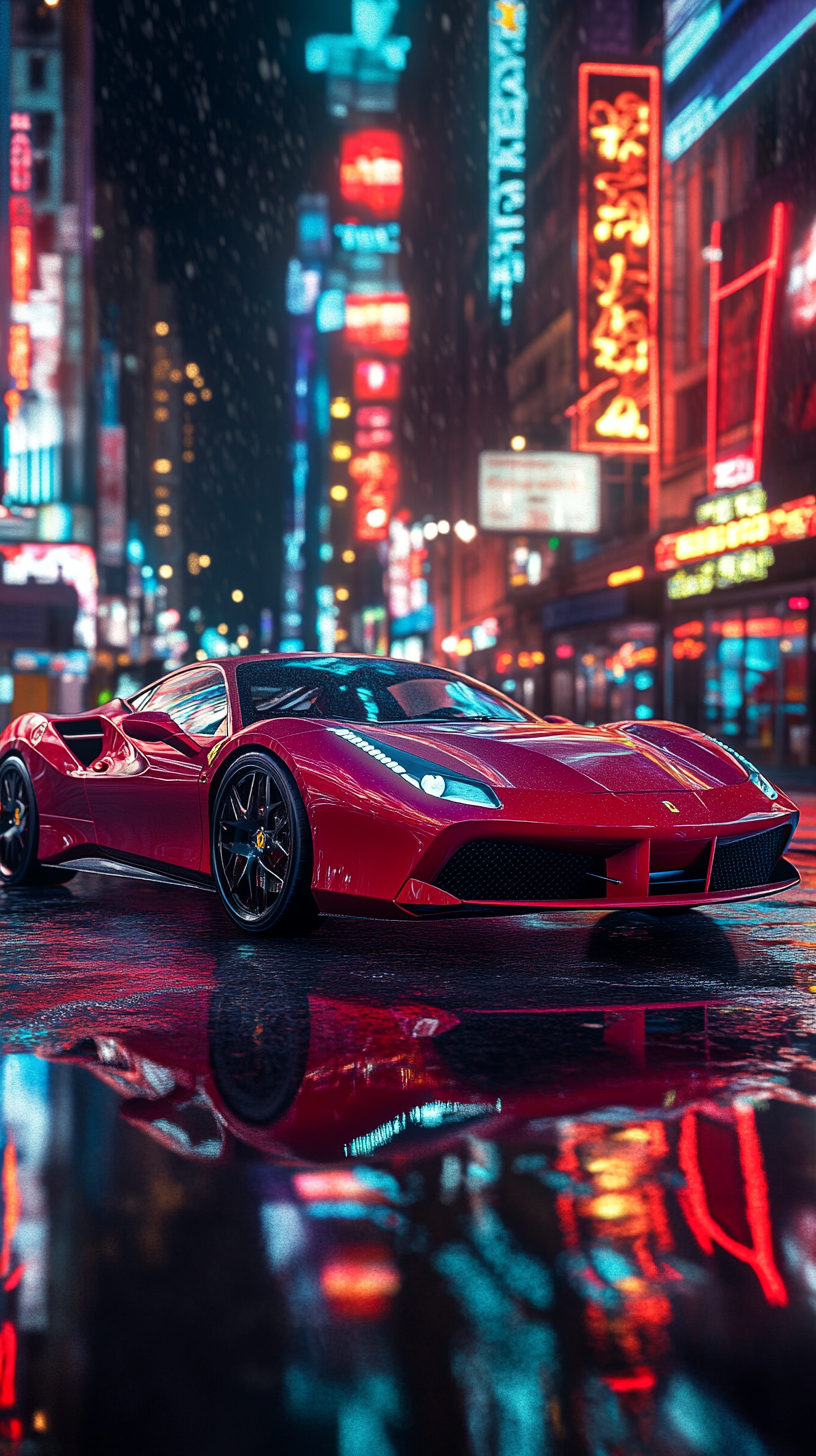 Shiny Ferrari in city with reflections, skyscrapers, neon lights.