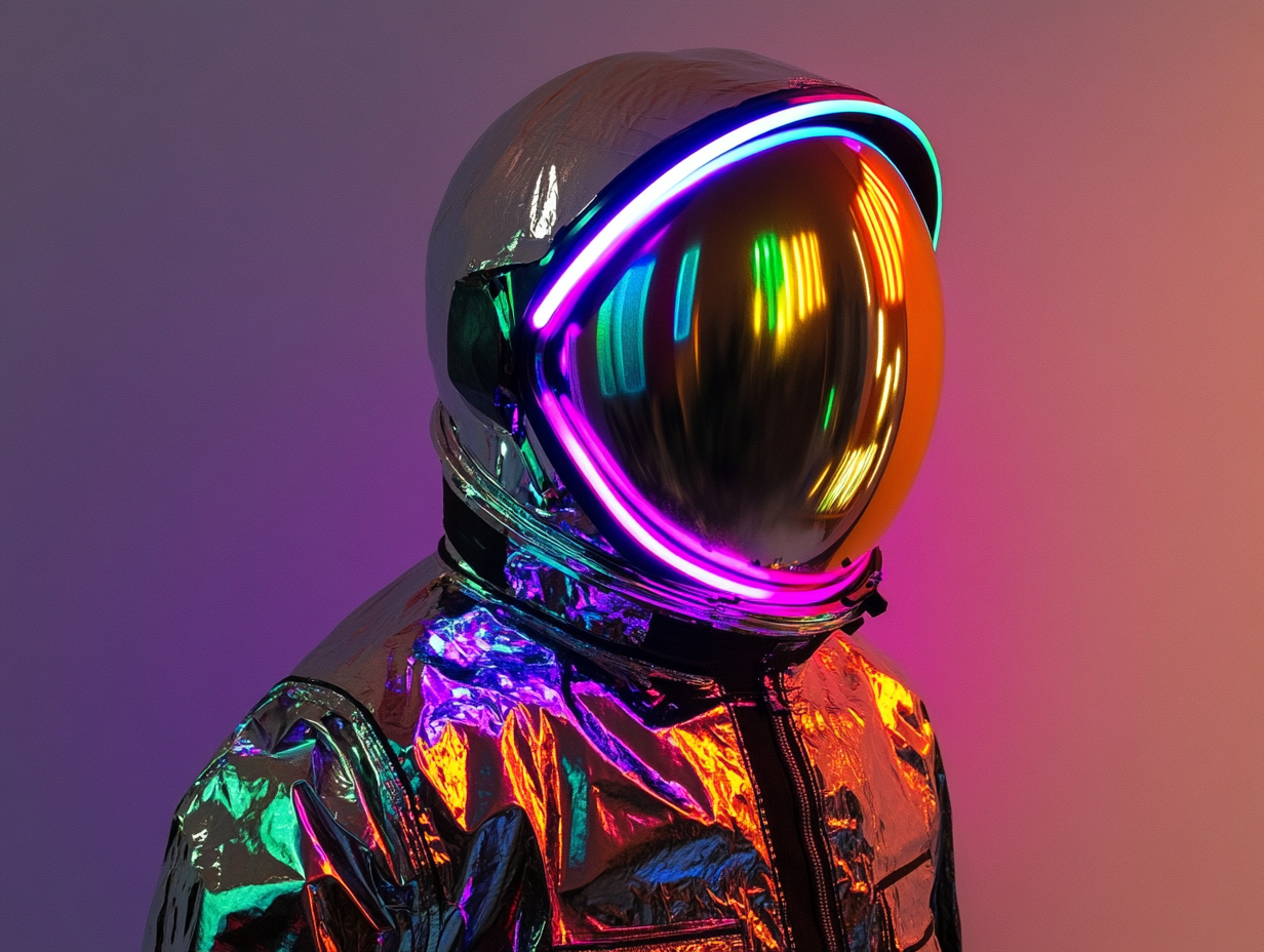 Shiny astronaut suit with neon lights on display