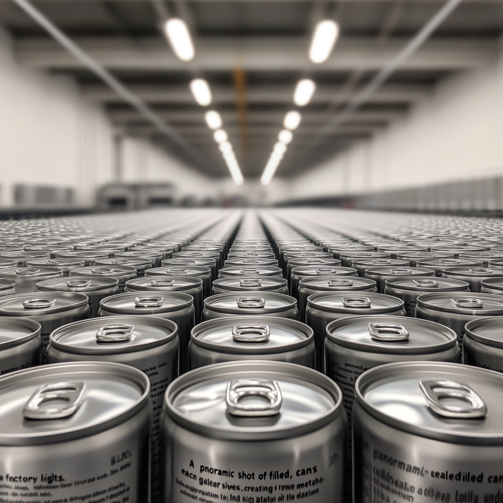 Shiny cans in rows, factory lights reflect quality.