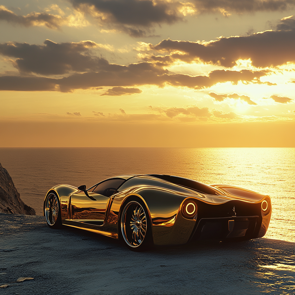 Shiny car overlooking sunset ocean, perfect cinematic atmosphere reflections