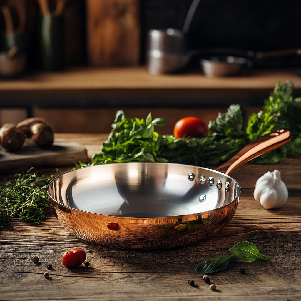 Shiny copper pan on counter with fresh veggies.