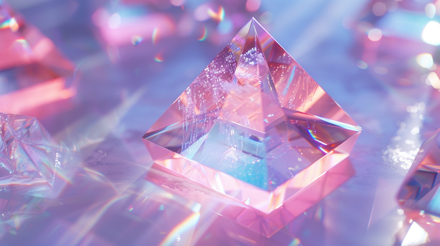 Shiny crystal pyramid with rainbow reflections in light