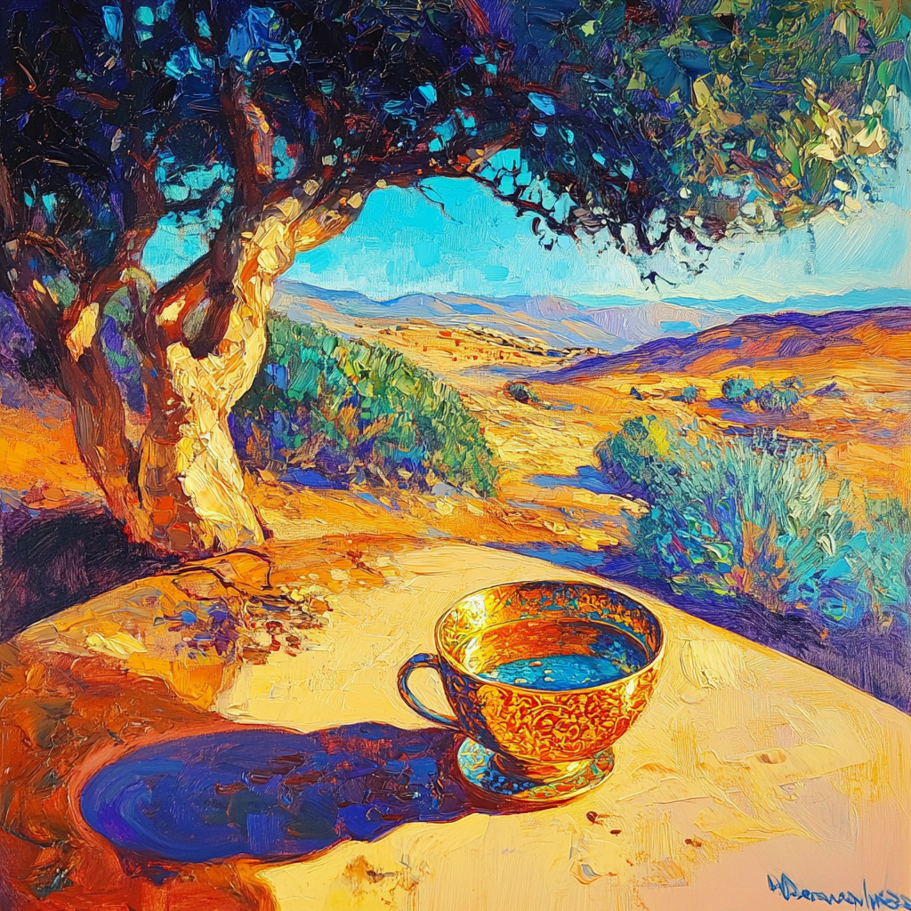 Shiny cup of argan oil in South African landscape