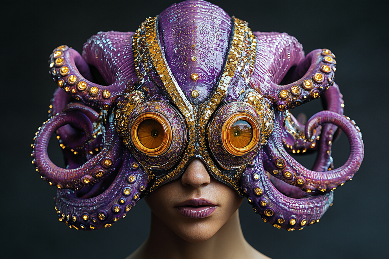 Shiny cyberpunk headdress with tentacles on black background