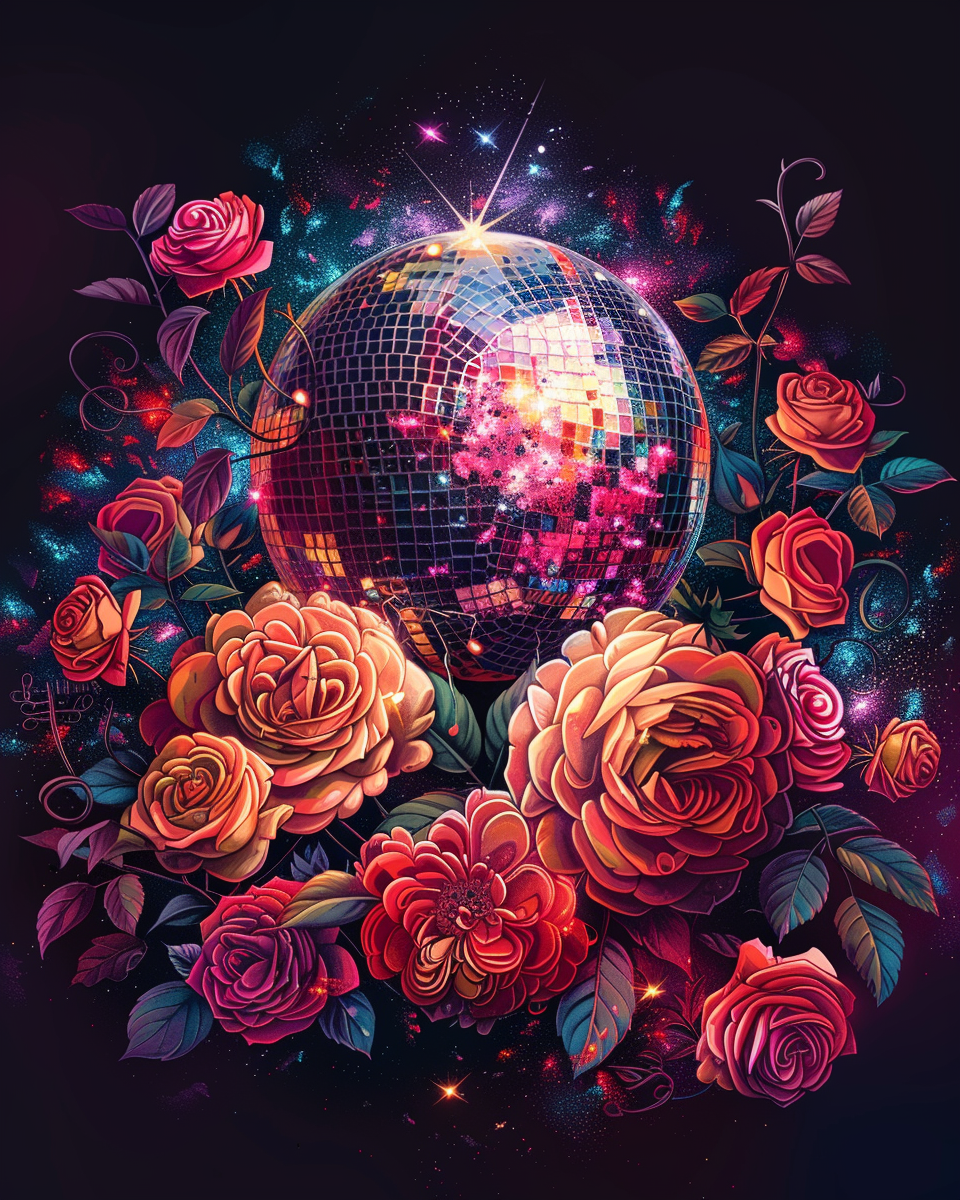 Shiny disco ball with flowers in Hajime Sorayama Style