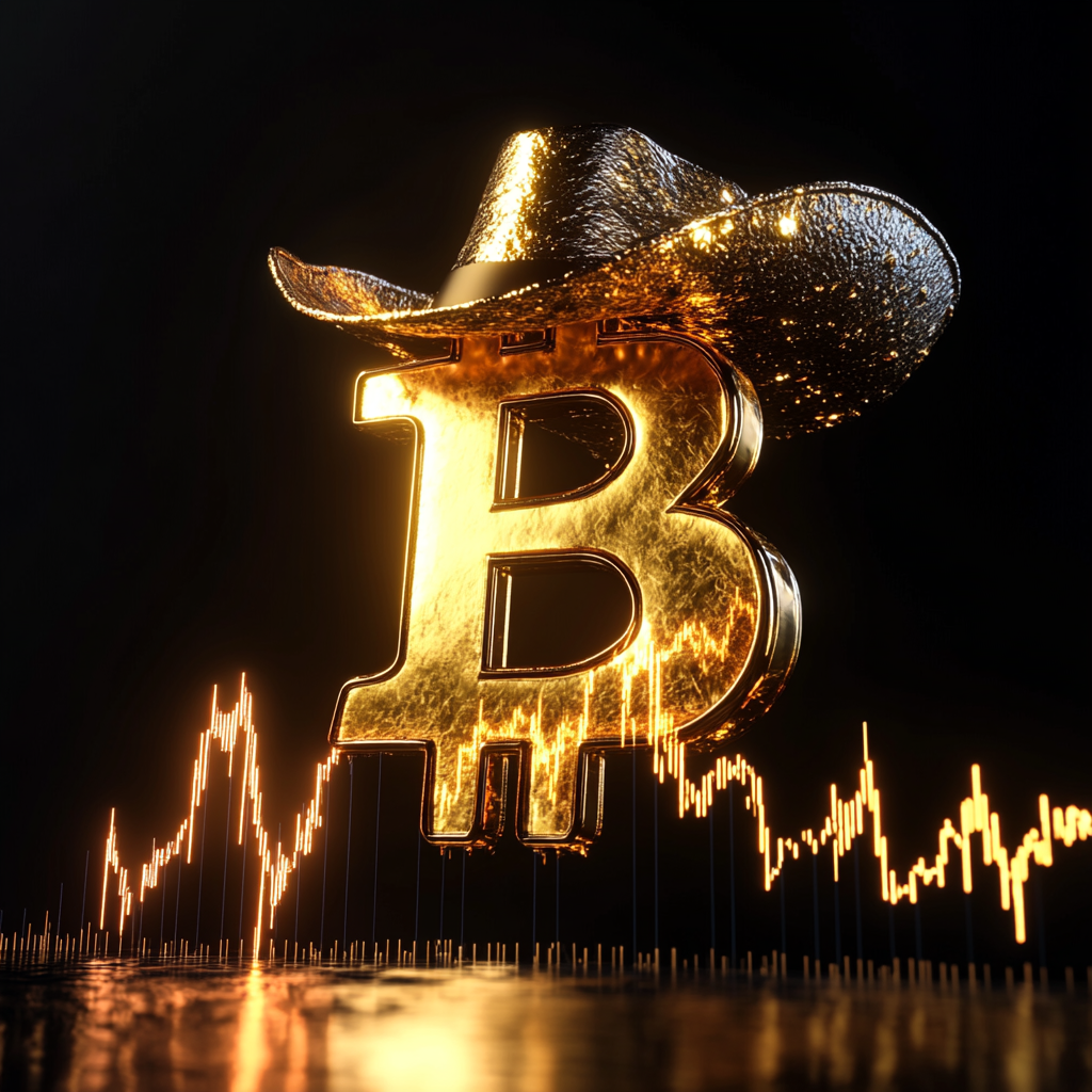 Shiny gold cowboy Bitcoin on rising black chart