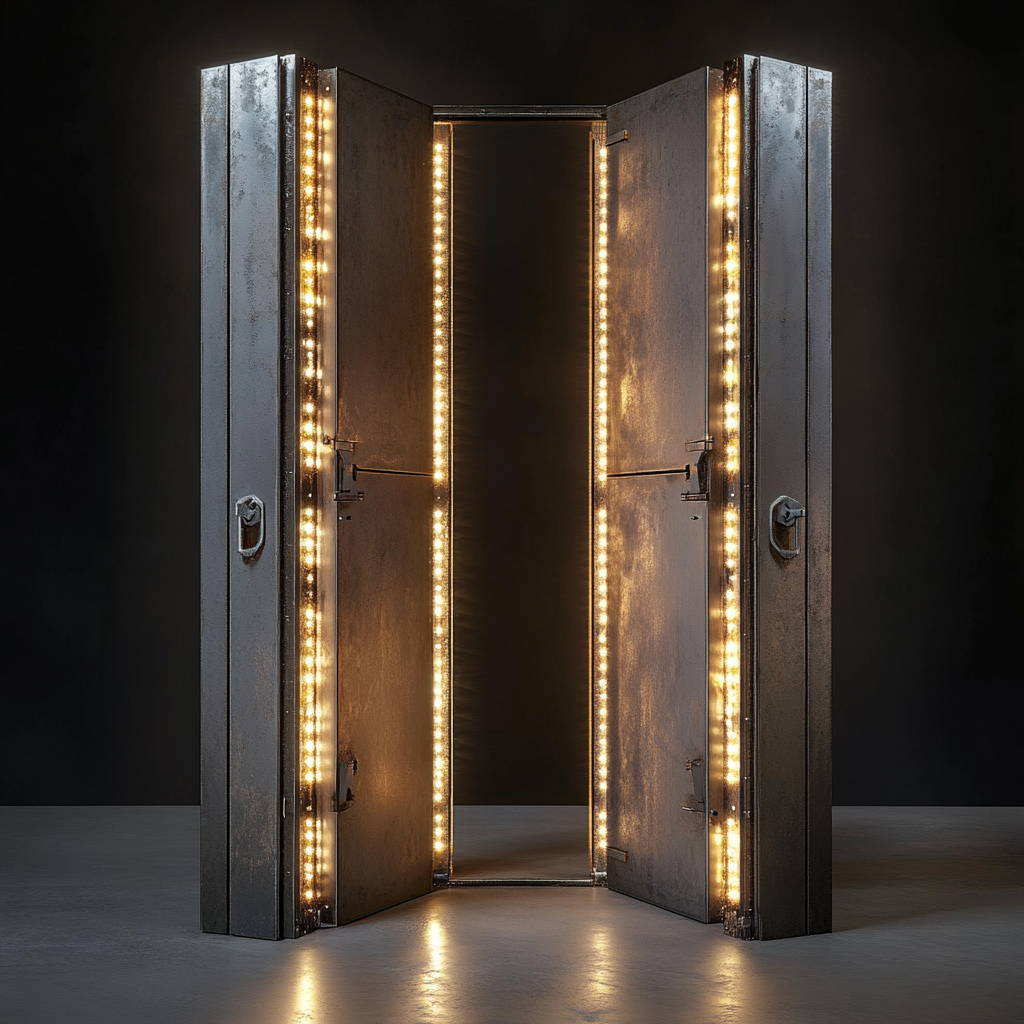 Shiny metal doors with glowing lights opened inside.