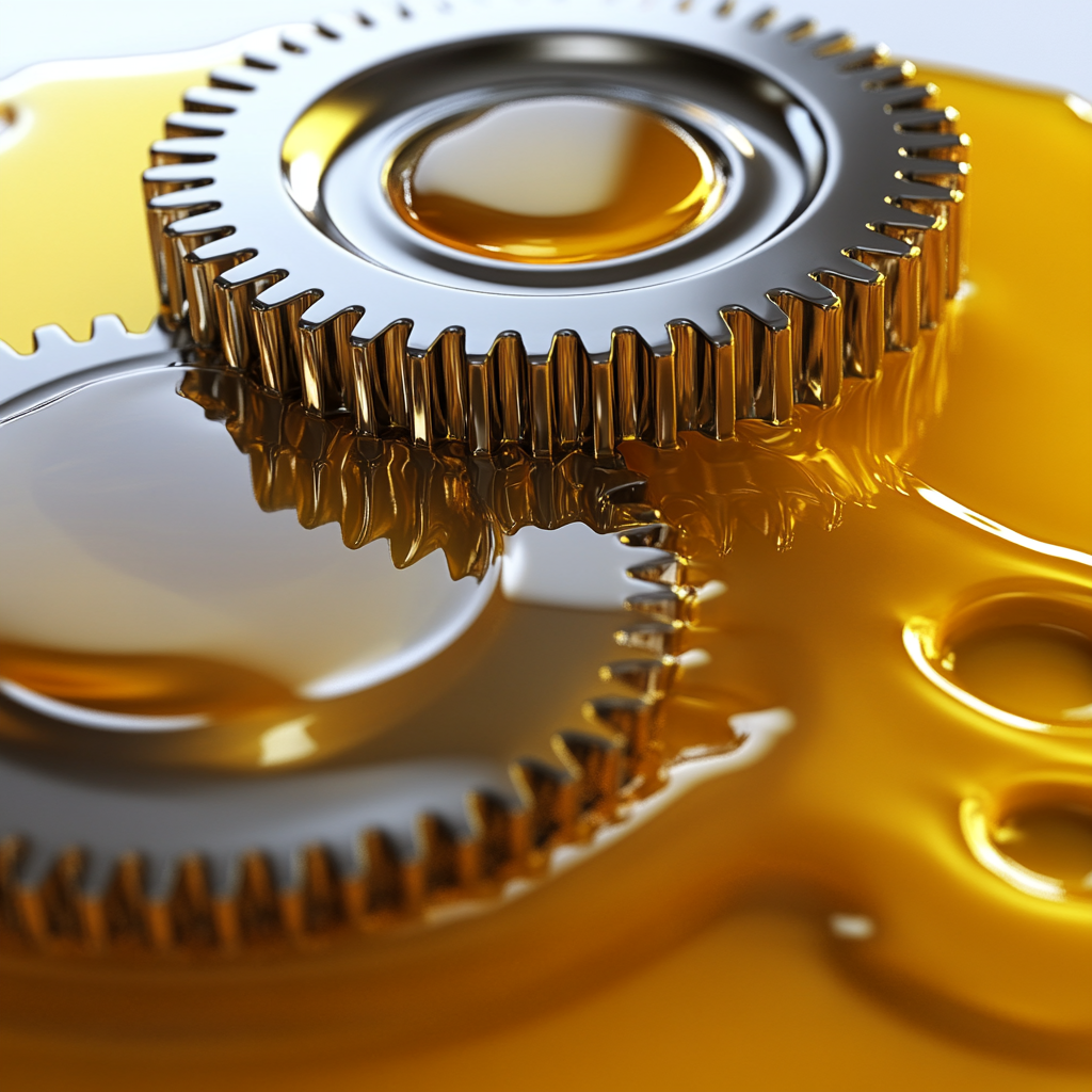 Shiny metallic gears on yellow viscous grease 