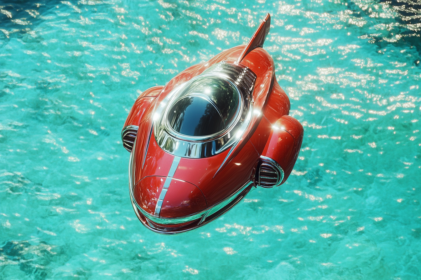 Shiny red UFO flies over blue ocean