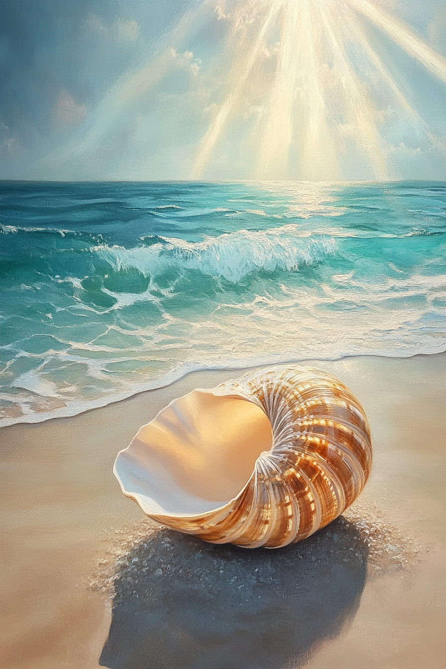 Shiny seashell on sand with ocean backdrop