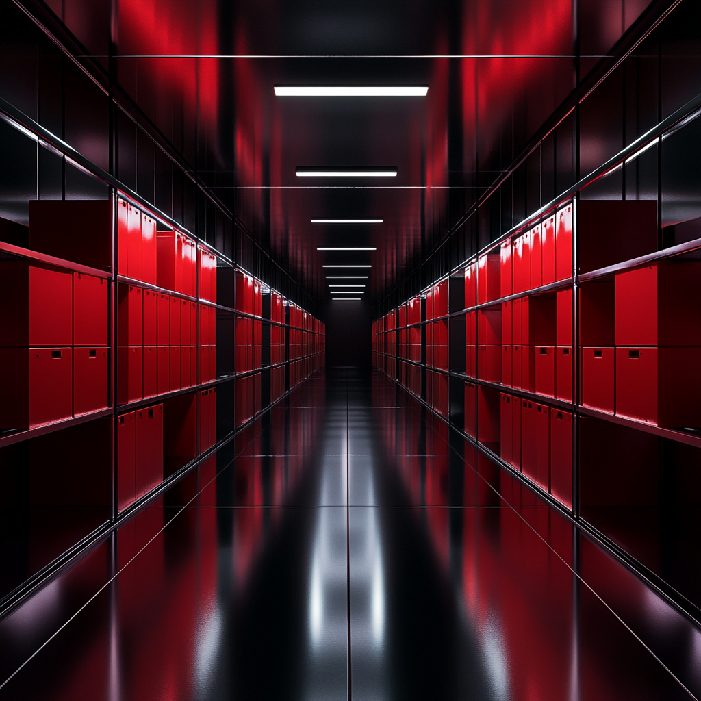 Shiny silver hallway with glowing red boxes