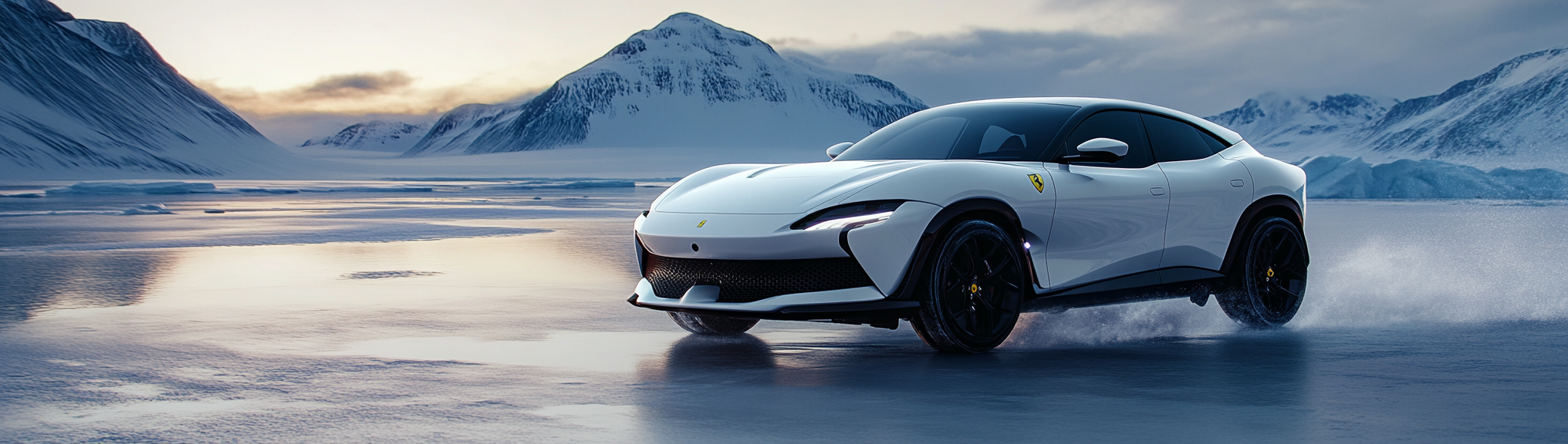 Shiny white Ferrari SUV on icy field, low angle.