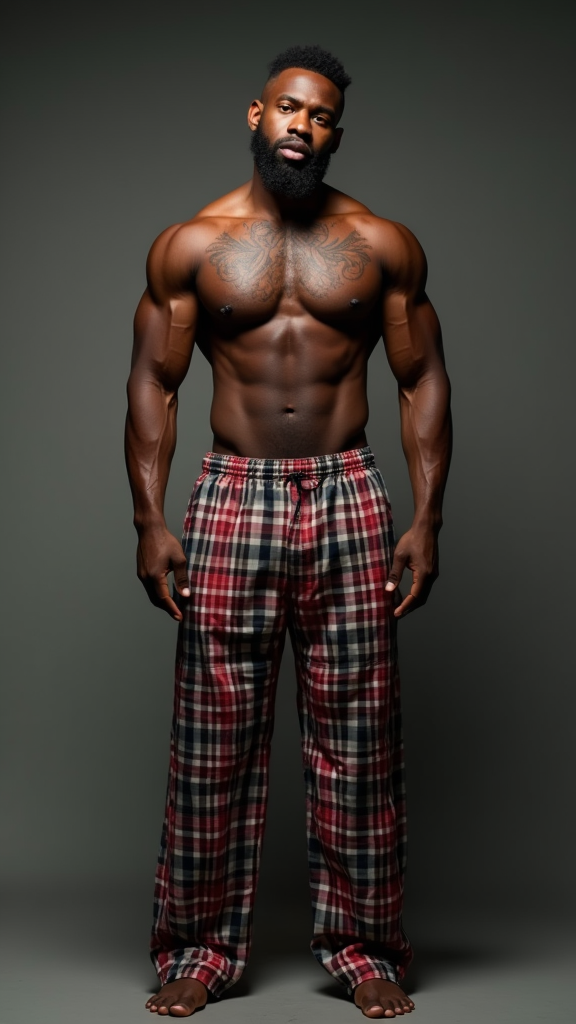 Shirtless African American Man with Tattoos in PJs