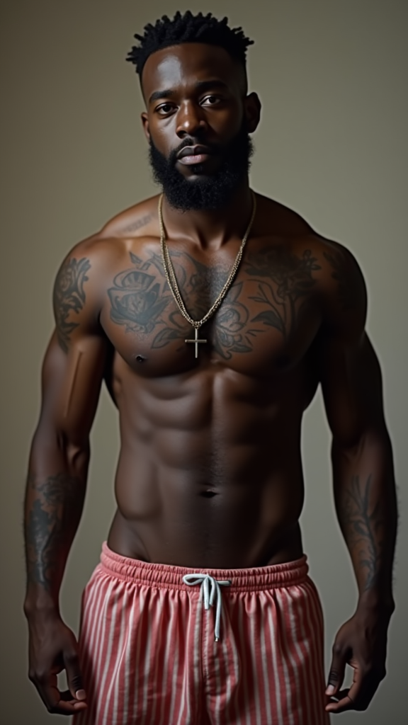 Shirtless African American Man with Tattoos in Pajamas