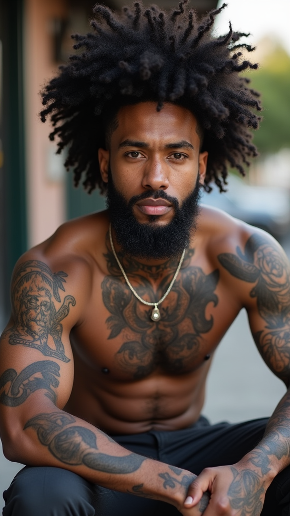Shirtless Black Man with Tattoos Seated Outdoors