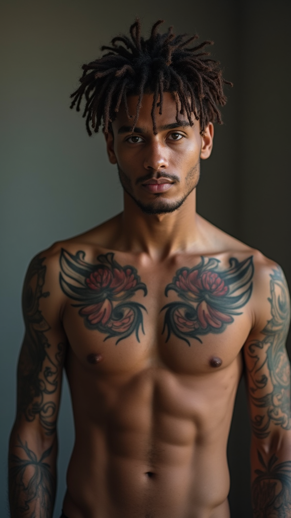Shirtless Tattooed Man with Urban Hairstyle