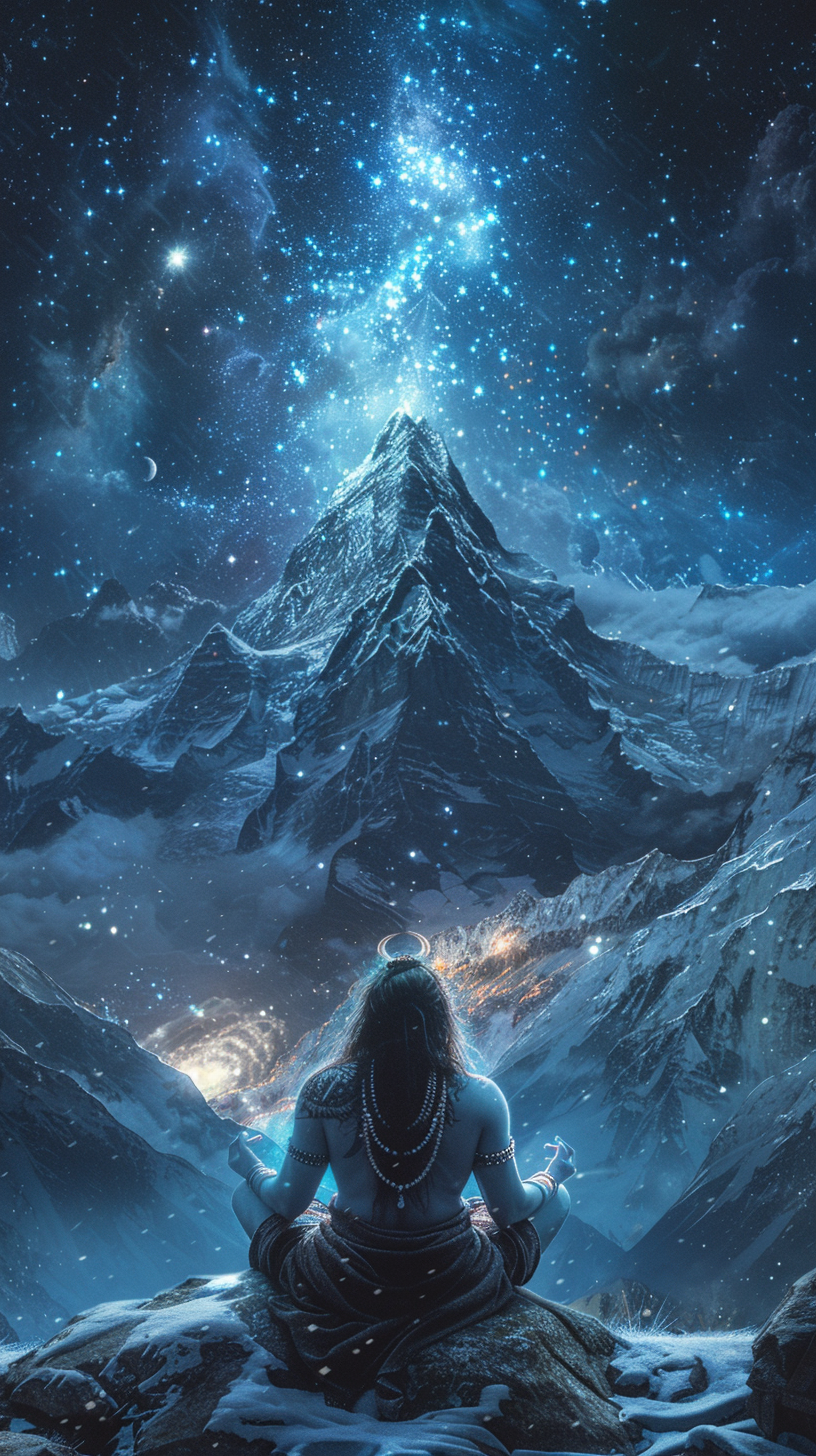 Shiva Meditates in Celestial Energy, Surrounded by Mountains