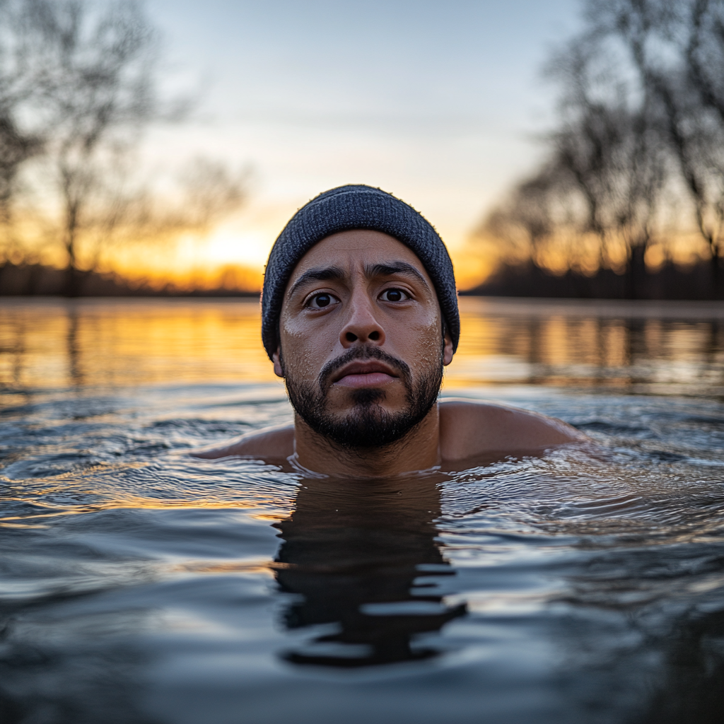 Shocked man in lake at sunrise holds camera