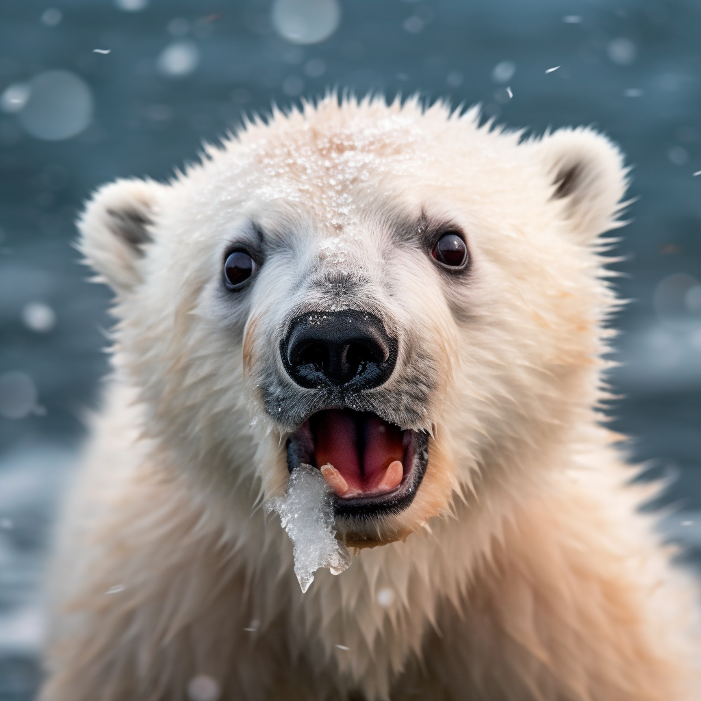 Shocked polar bear cub dropping fish in snow