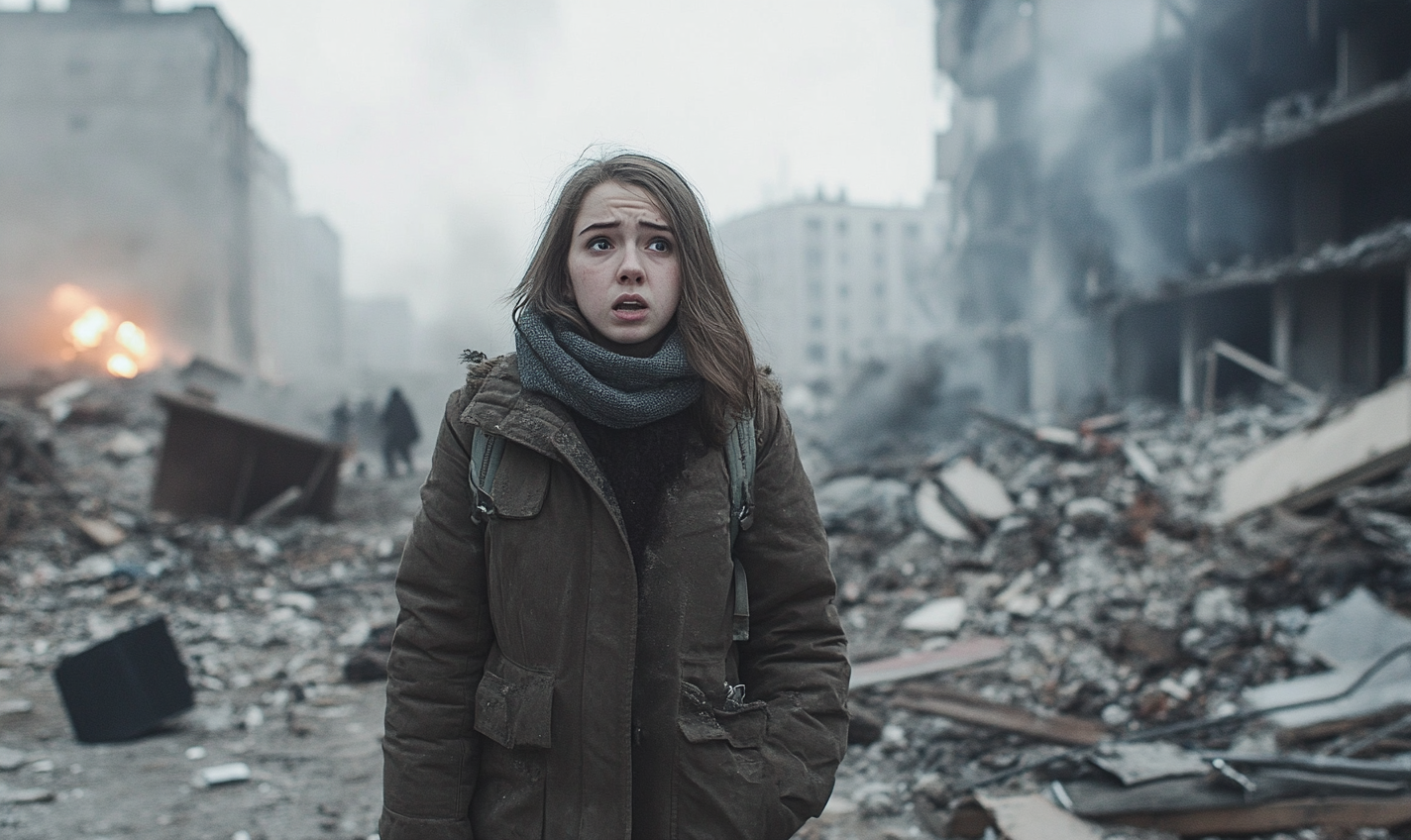 Shocked woman in ruined Ukrainian city after explosion.