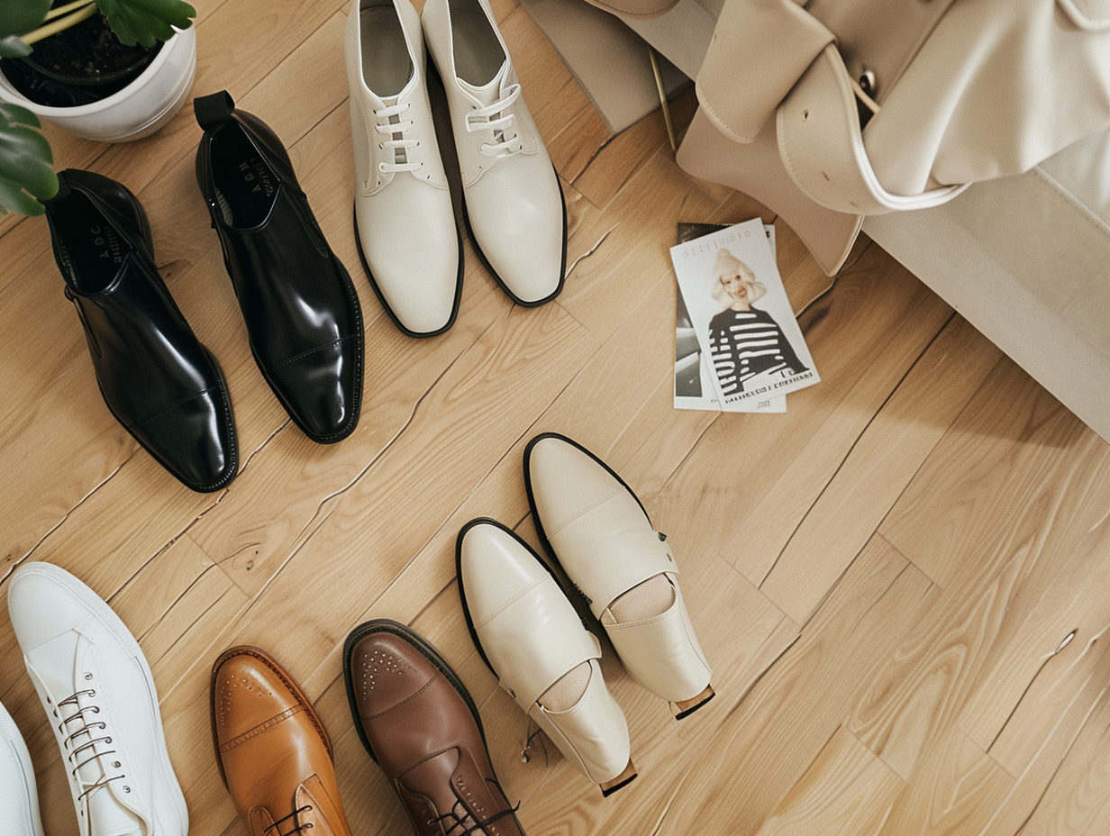 Shoe Options with Trench Coat on Wooden Floor